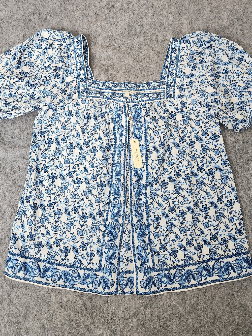NWT Max Studio London Floral Balloon Sleeve Pleated Top Blouse Women's S Blue